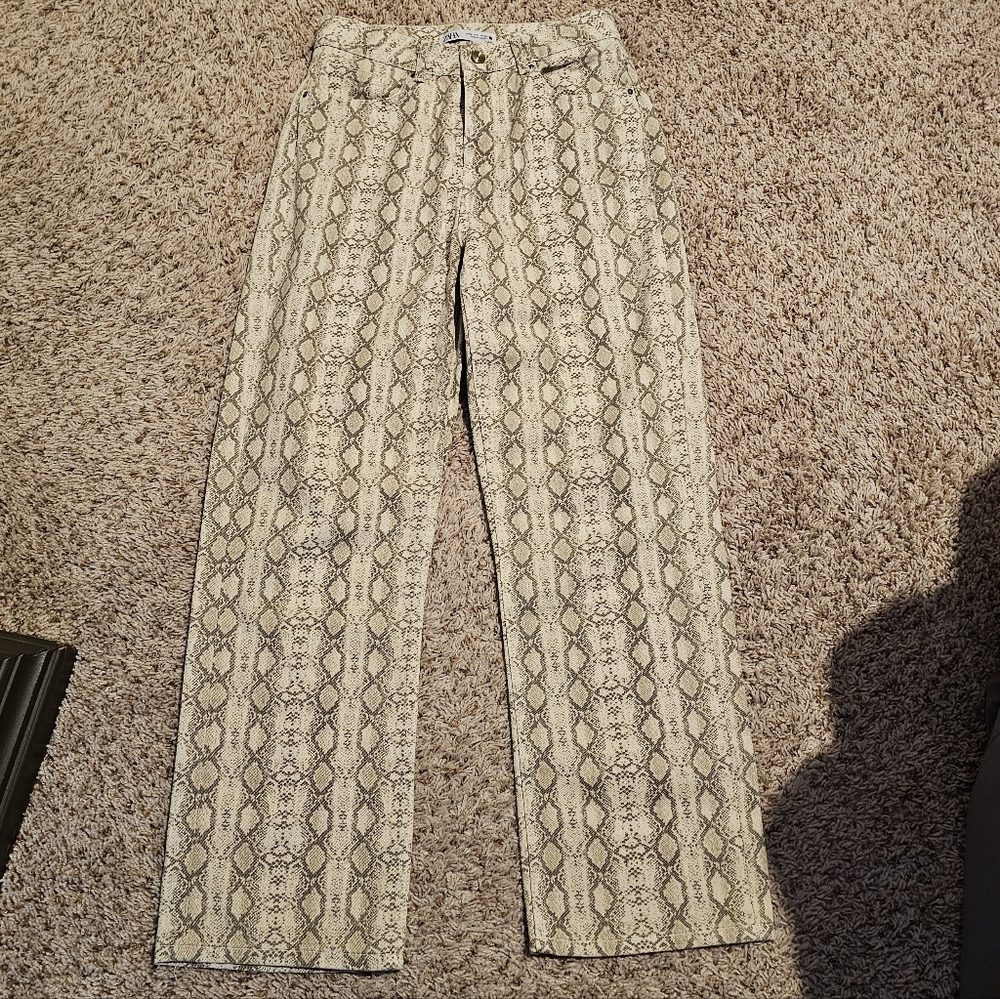 Zara Cream Snake-Print Straight-Leg Pants